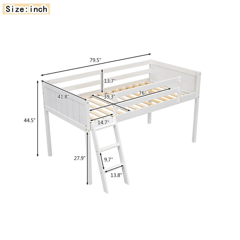 Twin Wood Low Loft Bed with Reversible Ladder, Slide and Guardrails