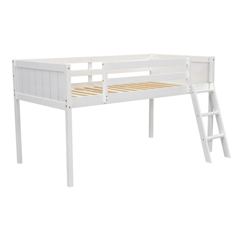 Twin Wood Low Loft Bed with Reversible Ladder, Slide and Guardrails