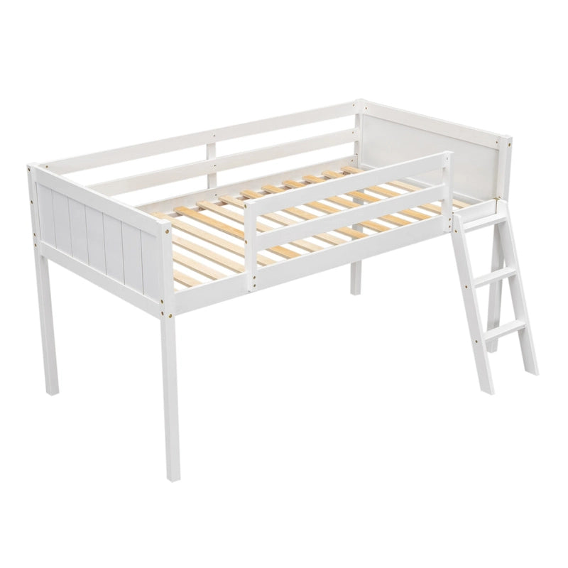 Twin Wood Low Loft Bed with Reversible Ladder, Slide and Guardrails