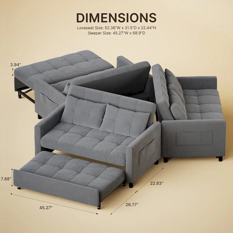 3-in-1 Convertible Loveseat Sofa Bed with Pull-Out Bed and Adjustable Backrest