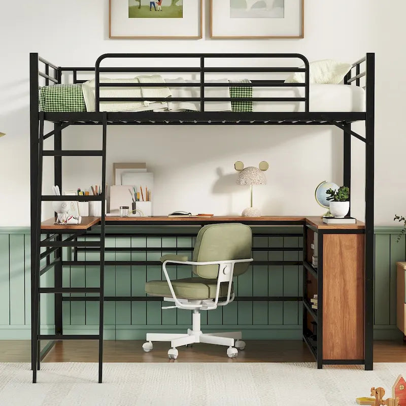 Metal Loft Bed with L-Shaped Desk, 3-Tier Shelves and Interchangeable Ladder