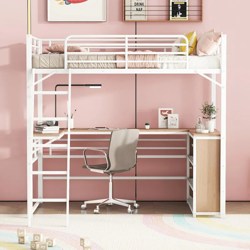 Metal Loft Bed with L-Shaped Desk, 3-Tier Shelves and Interchangeable Ladder