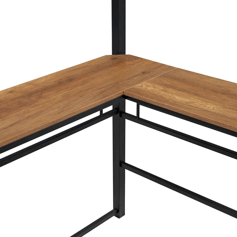 Metal Loft Bed with L-Shaped Desk, 3-Tier Shelves and Interchangeable Ladder