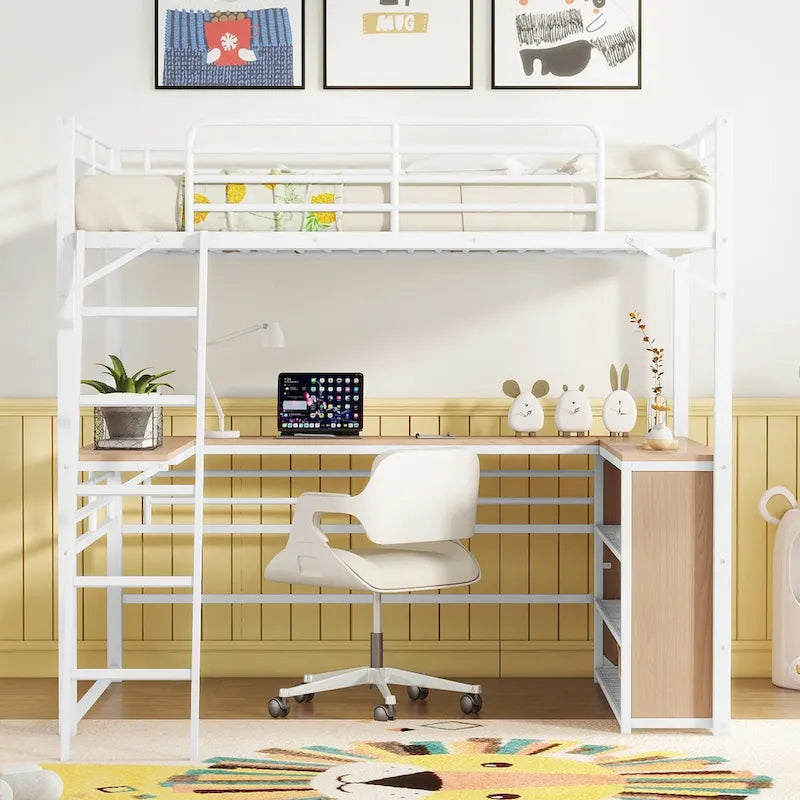Metal Loft Bed with L-Shaped Desk, 3-Tier Shelves and Interchangeable Ladder