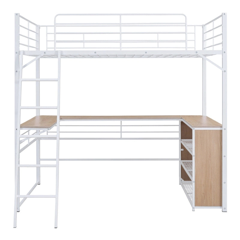 Metal Loft Bed with L-Shaped Desk, 3-Tier Shelves and Interchangeable Ladder