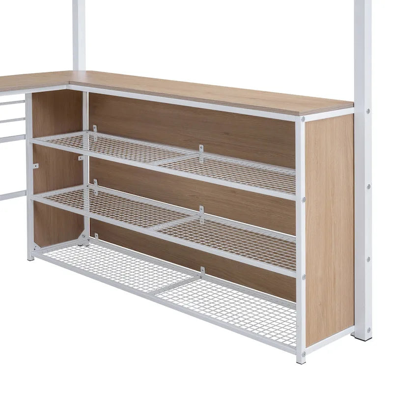 Metal Loft Bed with L-Shaped Desk, 3-Tier Shelves and Interchangeable Ladder