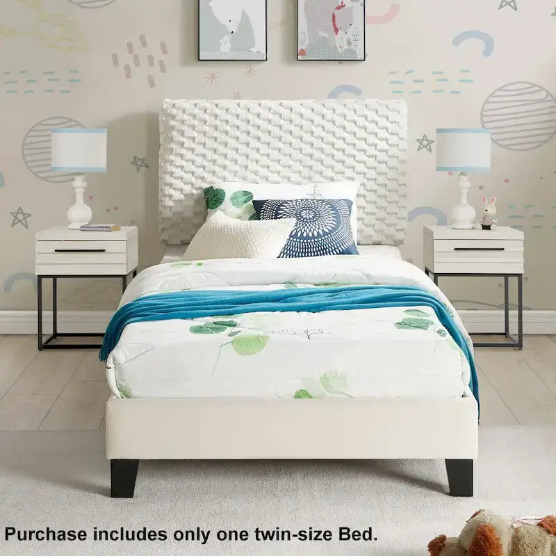 Twin Platform Bed with Adjustable Headboard - White Dove Fabric