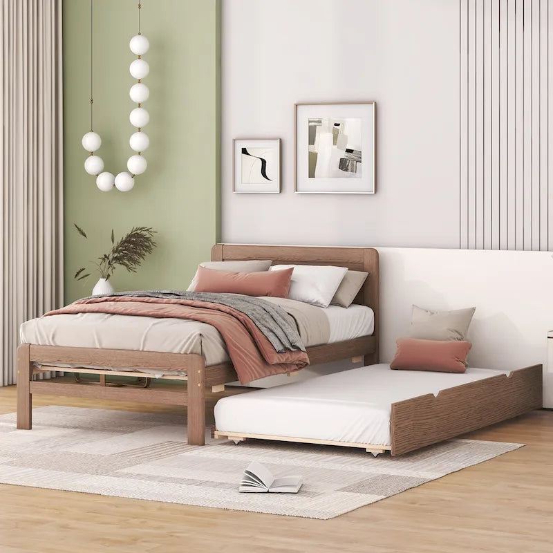 Brown Solid Wood Twin Bed with Pull-Out Trundle