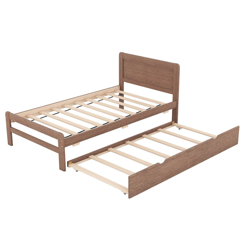 Brown Solid Wood Twin Bed with Pull-Out Trundle