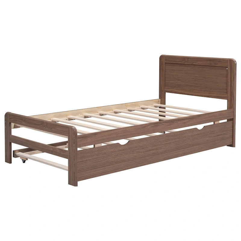Brown Solid Wood Twin Bed with Pull-Out Trundle