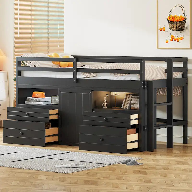 Twin Solid Wood Loft Bed with 4 Drawers, Cabinet and Shelves