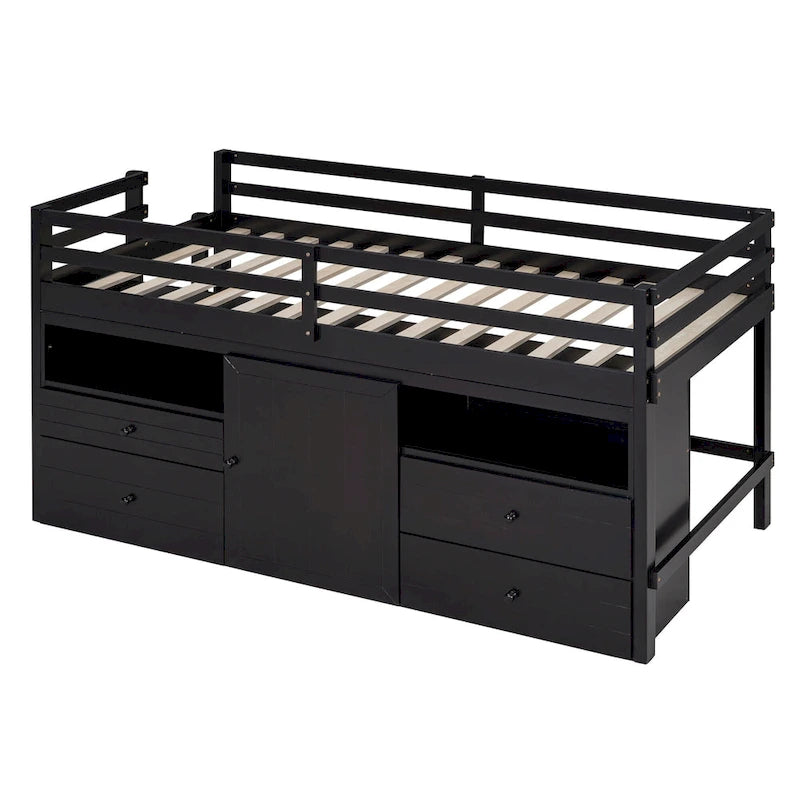Twin Solid Wood Loft Bed with 4 Drawers, Cabinet and Shelves