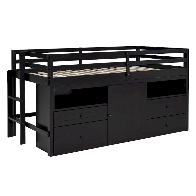 Twin Solid Wood Loft Bed with 4 Drawers, Cabinet and Shelves