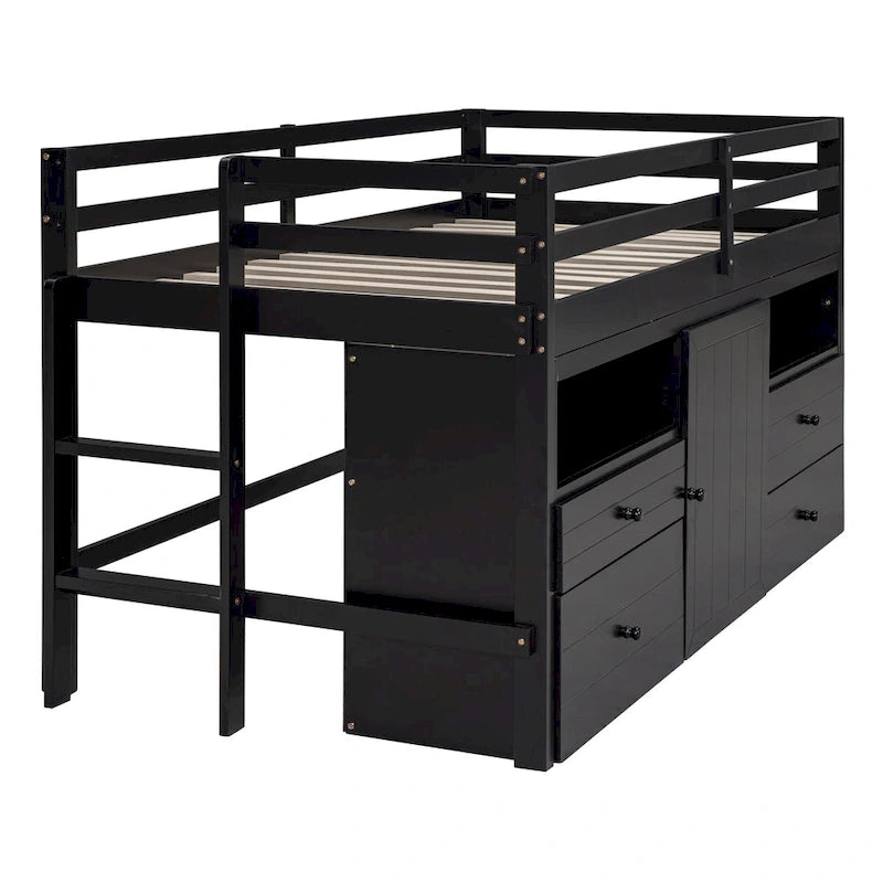 Twin Solid Wood Loft Bed with 4 Drawers, Cabinet and Shelves