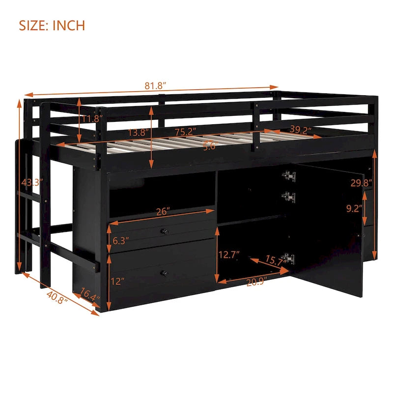 Twin Solid Wood Loft Bed with 4 Drawers, Cabinet and Shelves