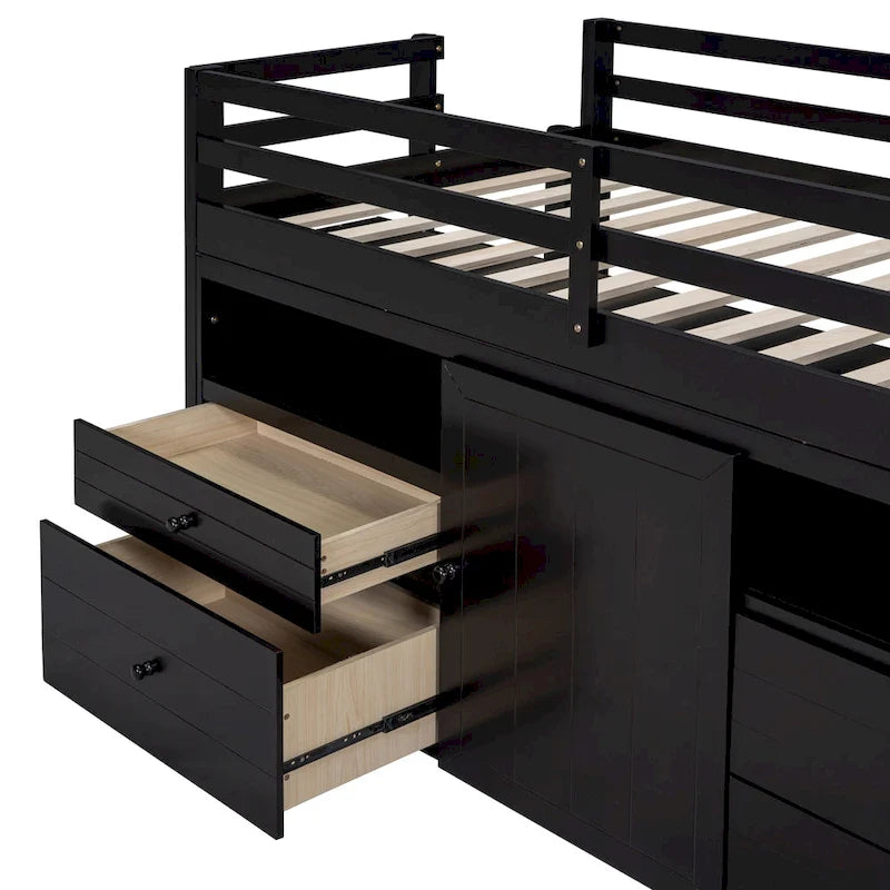 Twin Solid Wood Loft Bed with 4 Drawers, Cabinet and Shelves