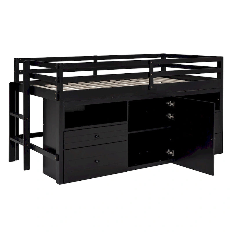 Twin Solid Wood Loft Bed with 4 Drawers, Cabinet and Shelves