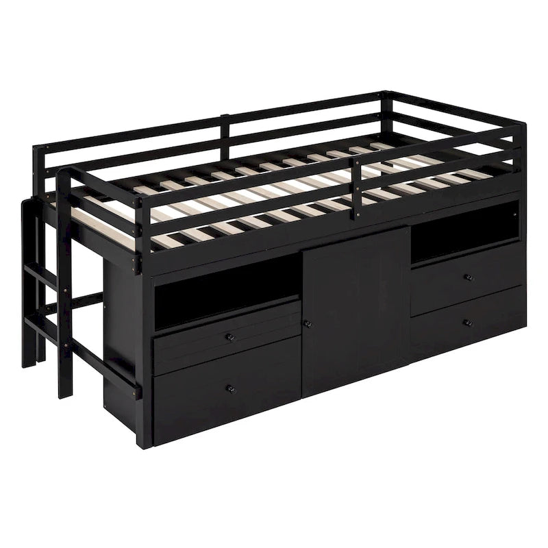 Twin Solid Wood Loft Bed with 4 Drawers, Cabinet and Shelves