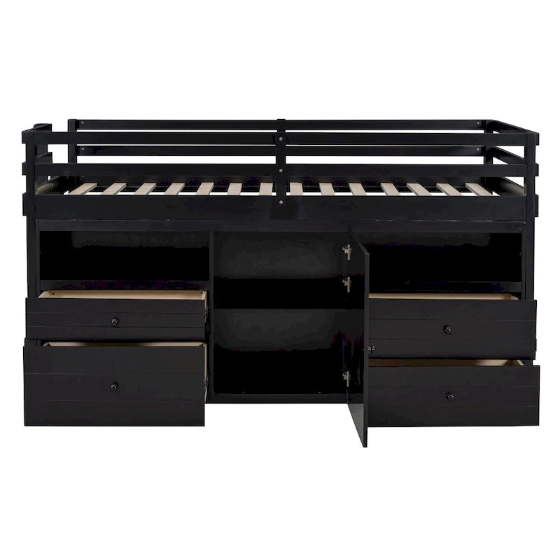 Twin Solid Wood Loft Bed with 4 Drawers, Cabinet and Shelves