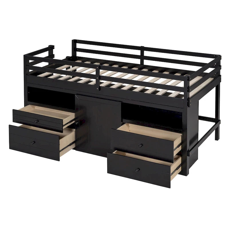 Twin Solid Wood Loft Bed with 4 Drawers, Cabinet and Shelves