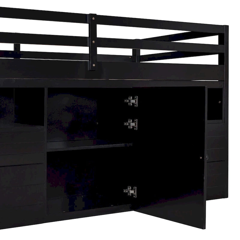 Twin Solid Wood Loft Bed with 4 Drawers, Cabinet and Shelves