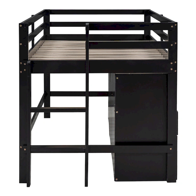 Twin Solid Wood Loft Bed with 4 Drawers, Cabinet and Shelves