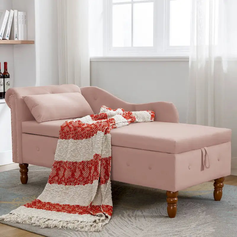Pink Velvet Button Tufted Chaise Lounge with Storage
