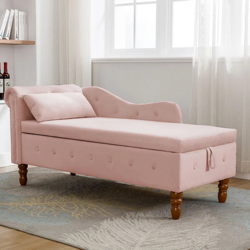 Pink Velvet Button Tufted Chaise Lounge with Storage