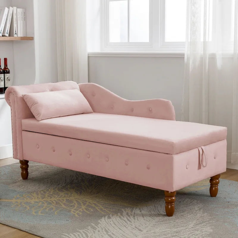 Pink Velvet Button Tufted Chaise Lounge with Storage