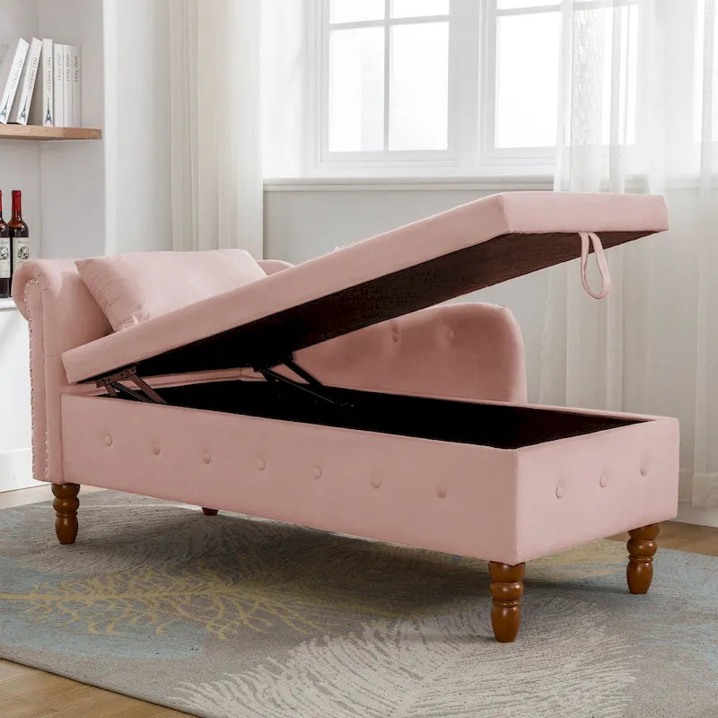 Pink Velvet Button Tufted Chaise Lounge with Storage