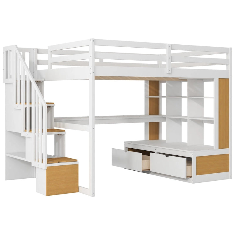 Natural and White Full Size Solid Wood Loft Bed with Desk, Shelves and 2 Drawers