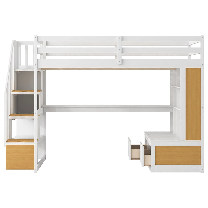 Natural and White Full Size Solid Wood Loft Bed with Desk, Shelves and 2 Drawers