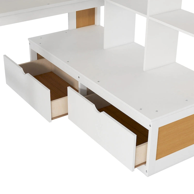 Natural and White Full Size Solid Wood Loft Bed with Desk, Shelves and 2 Drawers