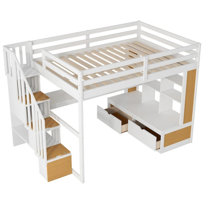 Natural and White Full Size Solid Wood Loft Bed with Desk, Shelves and 2 Drawers