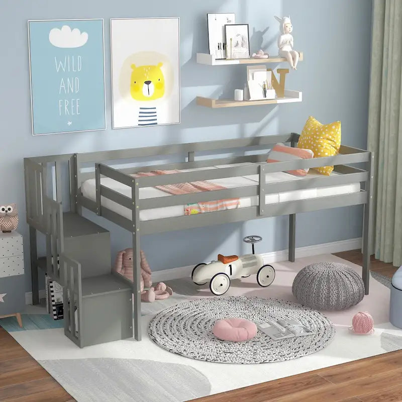 Twin Pine Wood Low Loft Bed with Staircase Storage and Guardrails