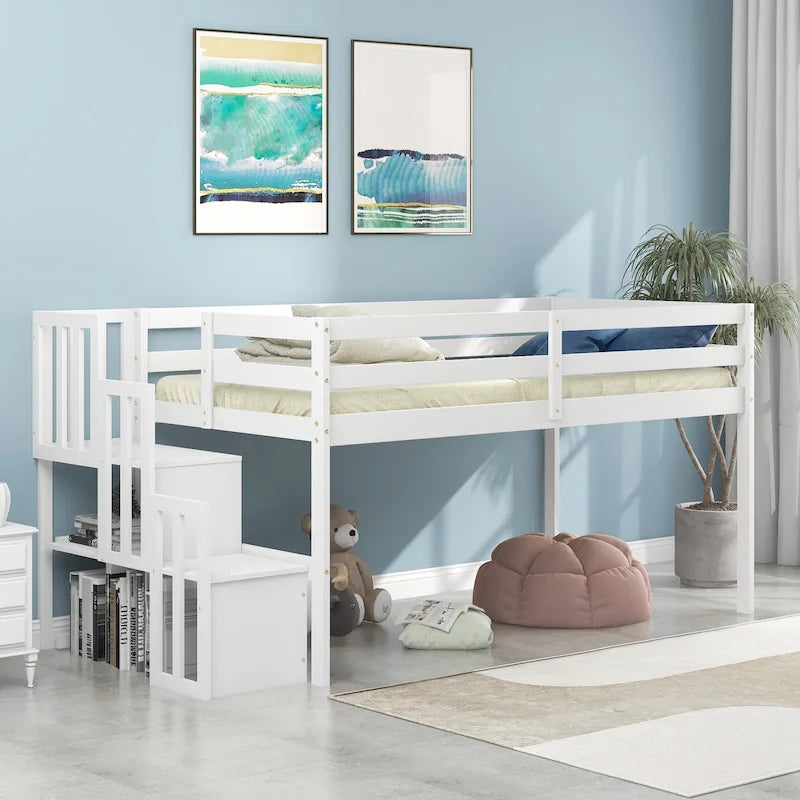 Twin Pine Wood Low Loft Bed with Staircase Storage and Guardrails