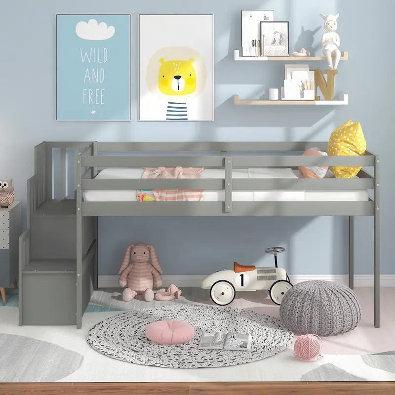 Twin Pine Wood Low Loft Bed with Staircase Storage and Guardrails