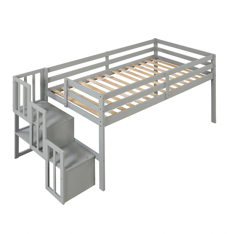 Twin Pine Wood Low Loft Bed with Staircase Storage and Guardrails