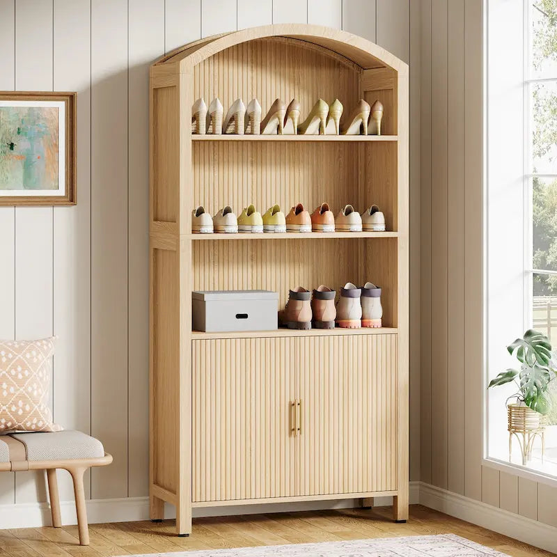 71" Tall Arched 5-Tier Shoe Cabinet with Doors - Natural Wood Grain