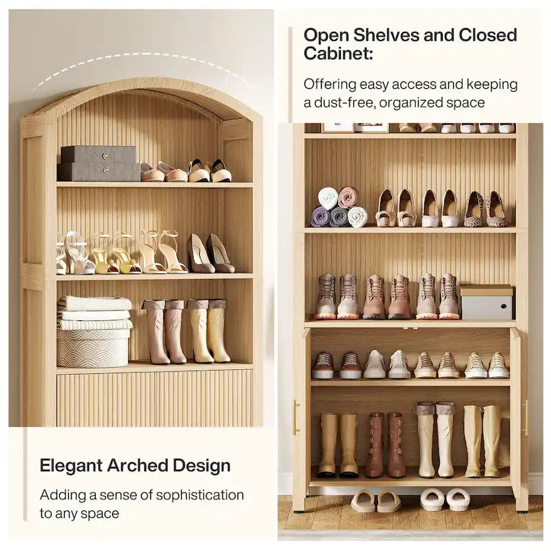 71" Tall Arched 5-Tier Shoe Cabinet with Doors - Natural Wood Grain
