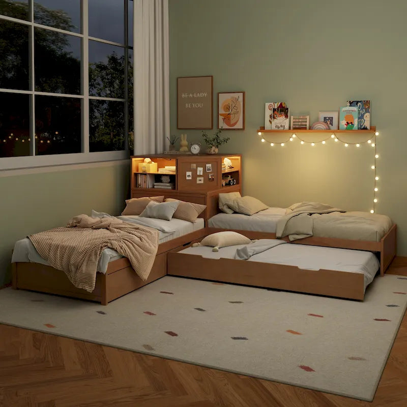 L-Shaped Twin Floor Bed with Trundle, Drawers, Bookcase and Built-in LED Lights