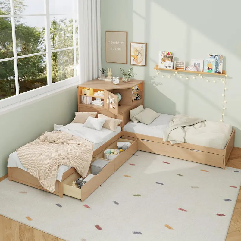 L-Shaped Twin Floor Bed with Trundle, Drawers, Bookcase and Built-in LED Lights