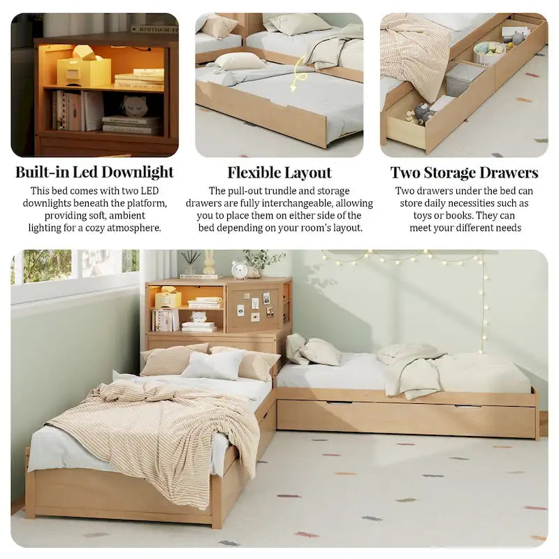 L-Shaped Twin Floor Bed with Trundle, Drawers, Bookcase and Built-in LED Lights