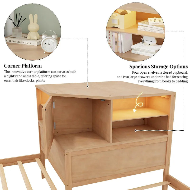L-Shaped Twin Floor Bed with Trundle, Drawers, Bookcase and Built-in LED Lights