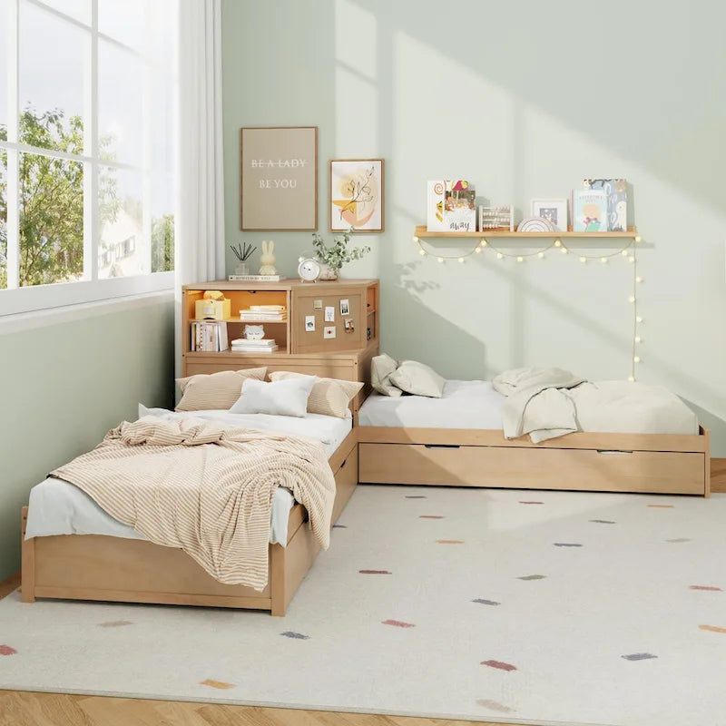 L-Shaped Twin Floor Bed with Trundle, Drawers, Bookcase and Built-in LED Lights