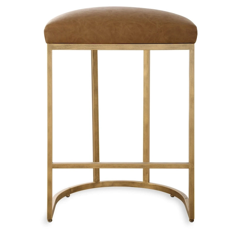 Gold Half-Moon Metal Base Counter Stool with Camel Faux Leather Cushion