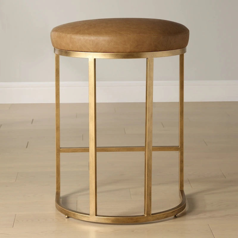 Gold Half-Moon Metal Base Counter Stool with Camel Faux Leather Cushion