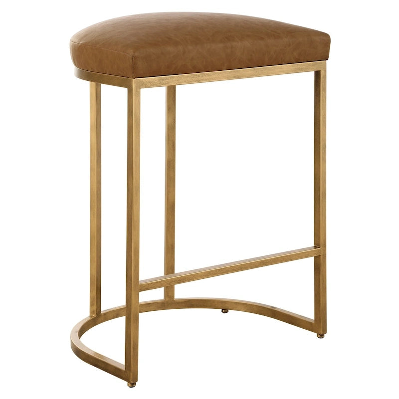 Gold Half-Moon Metal Base Counter Stool with Camel Faux Leather Cushion