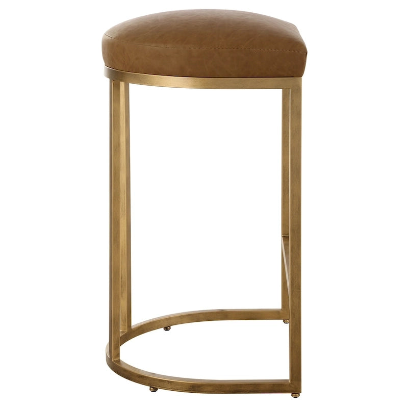 Gold Half-Moon Metal Base Counter Stool with Camel Faux Leather Cushion