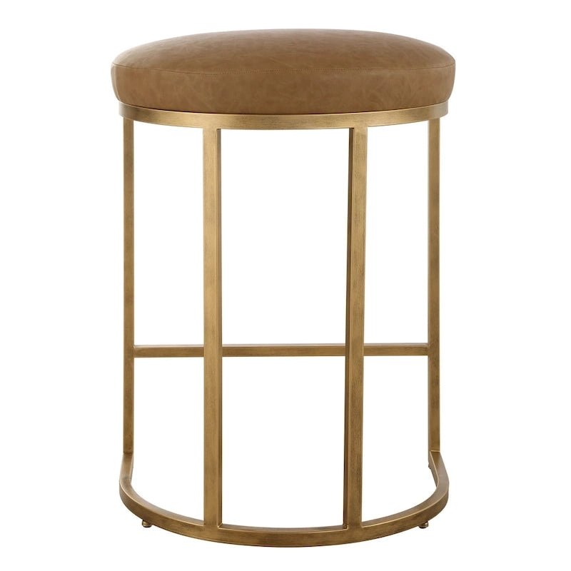 Gold Half-Moon Metal Base Counter Stool with Camel Faux Leather Cushion